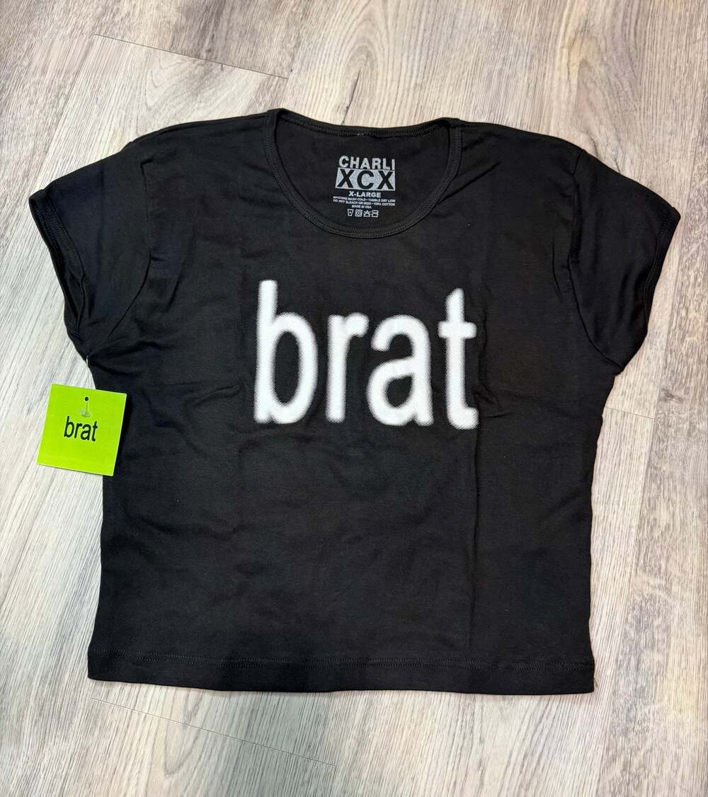 NWT Official Charli XCX Black Brat Crop Top Baby Tee Size XL Hyperpop Y2K Rave